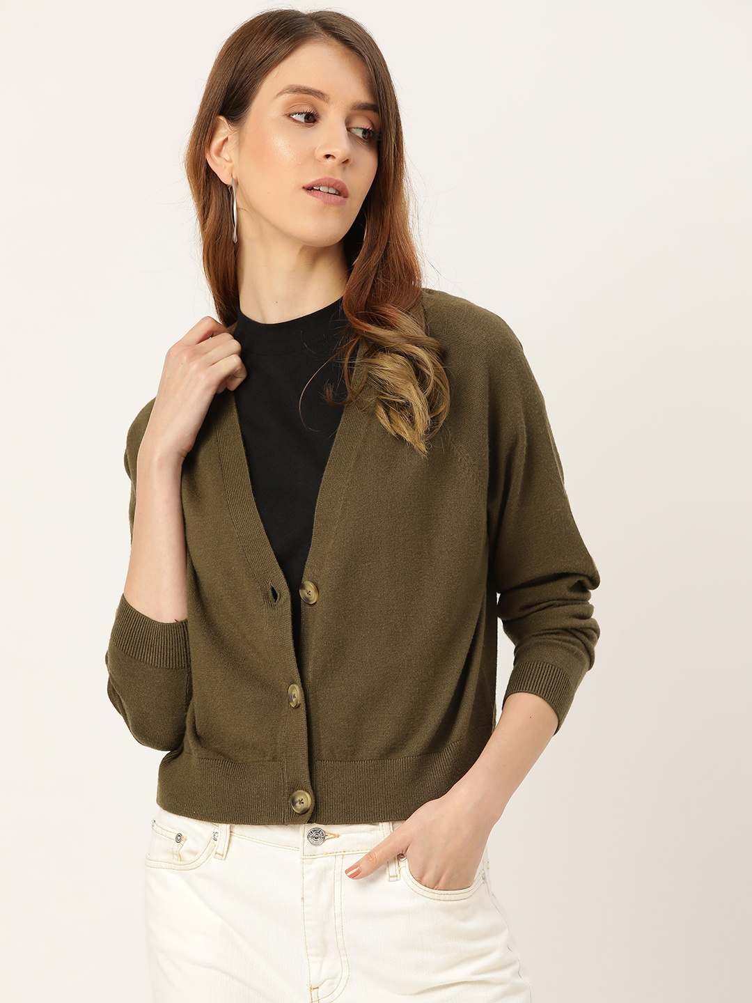 

MANGO Women Olive Green Solid Cardigan