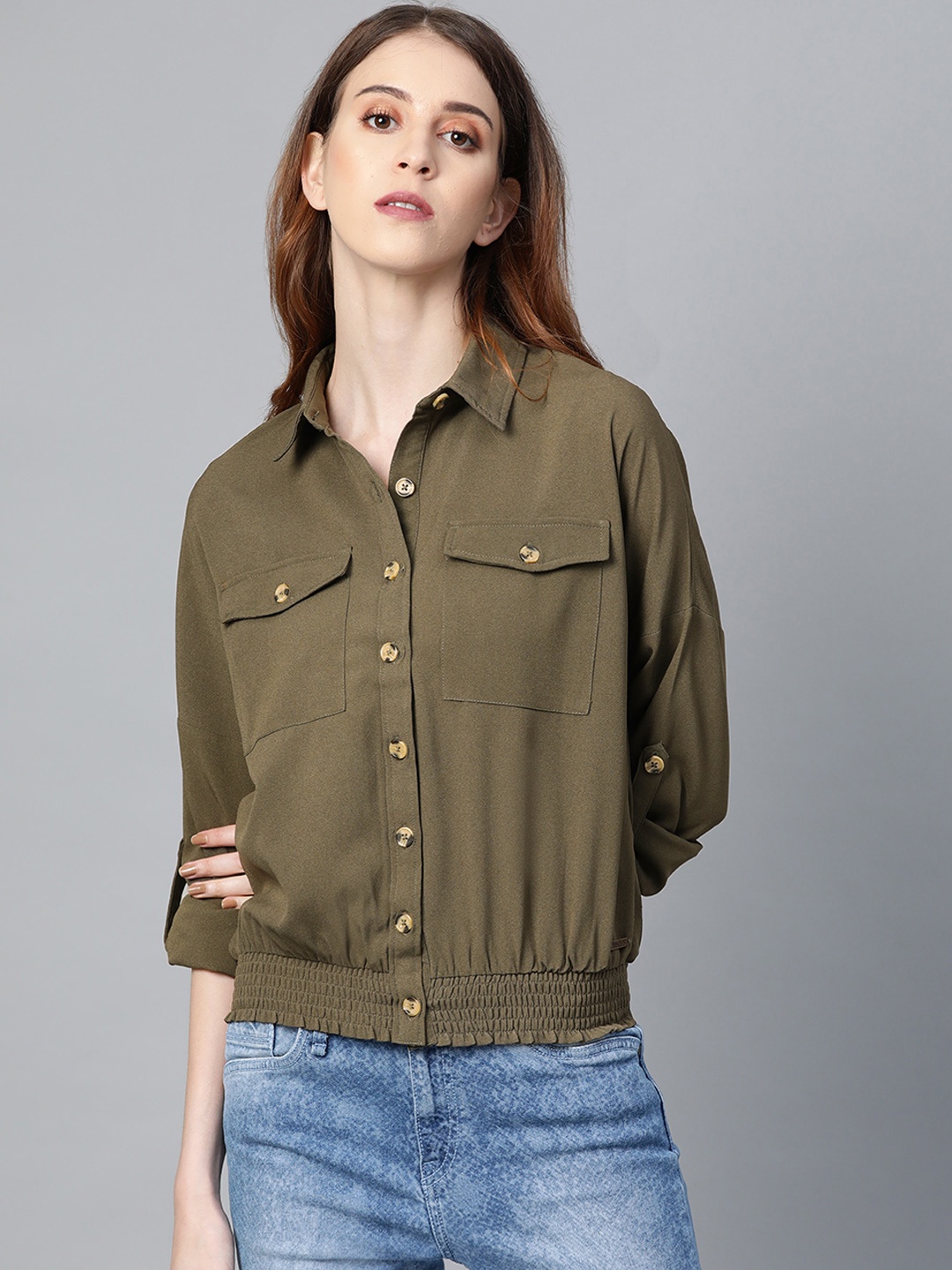 

Roadster Women Olive Green Regular Fit Solid Casual Shirt