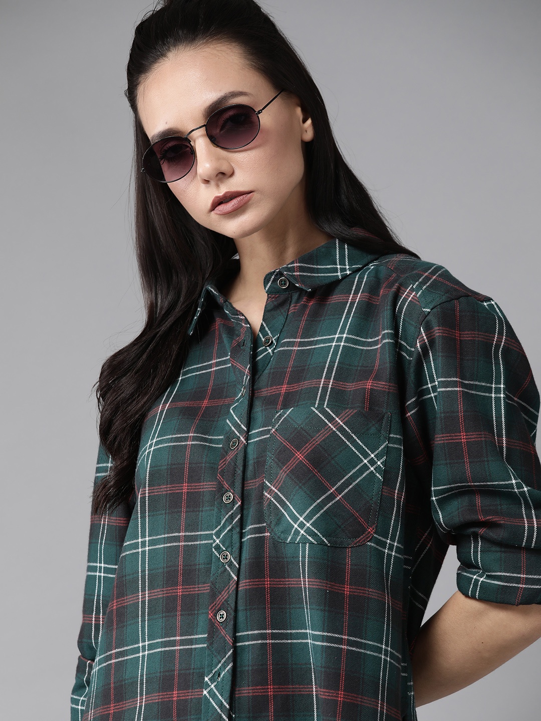 

Roadster Women Green & Orange Regular Fit Checked Pure Cotton Casual Shirt