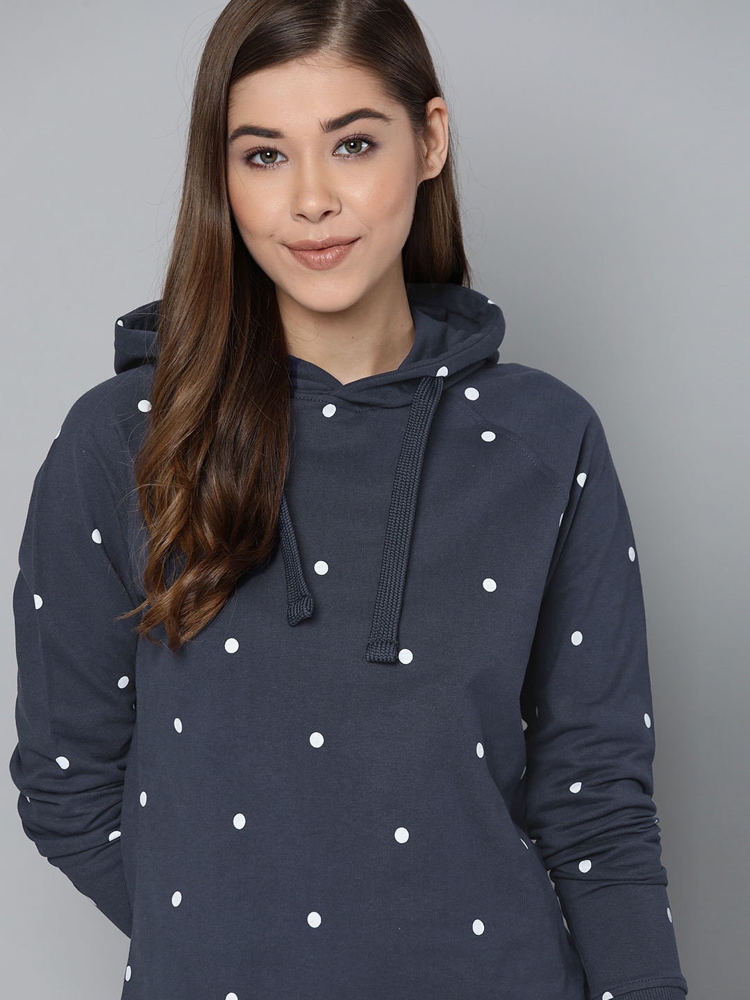 

Harvard Women Navy Blue & White Polka Dots Print Pure Cotton Hooded Sweatshirt