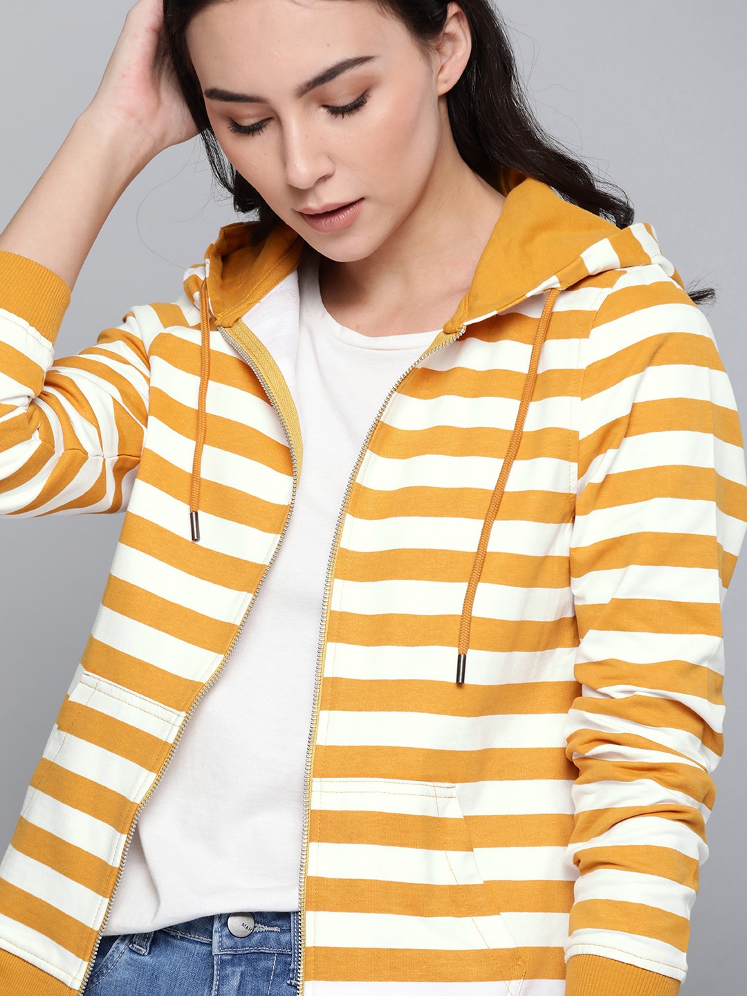 

Harvard Women Mustard Yellow & White Striped Hooded Sweatshirt