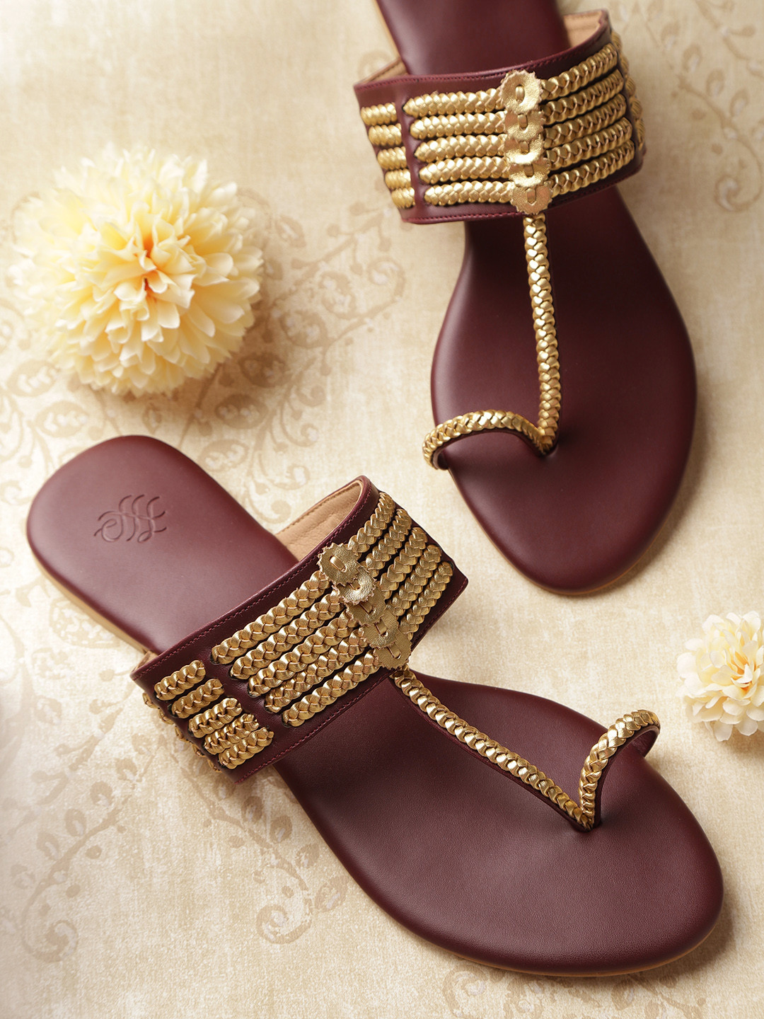 

House of Pataudi Women Gold-Toned & Burgundy Braided Handcrafted One Toe Flats