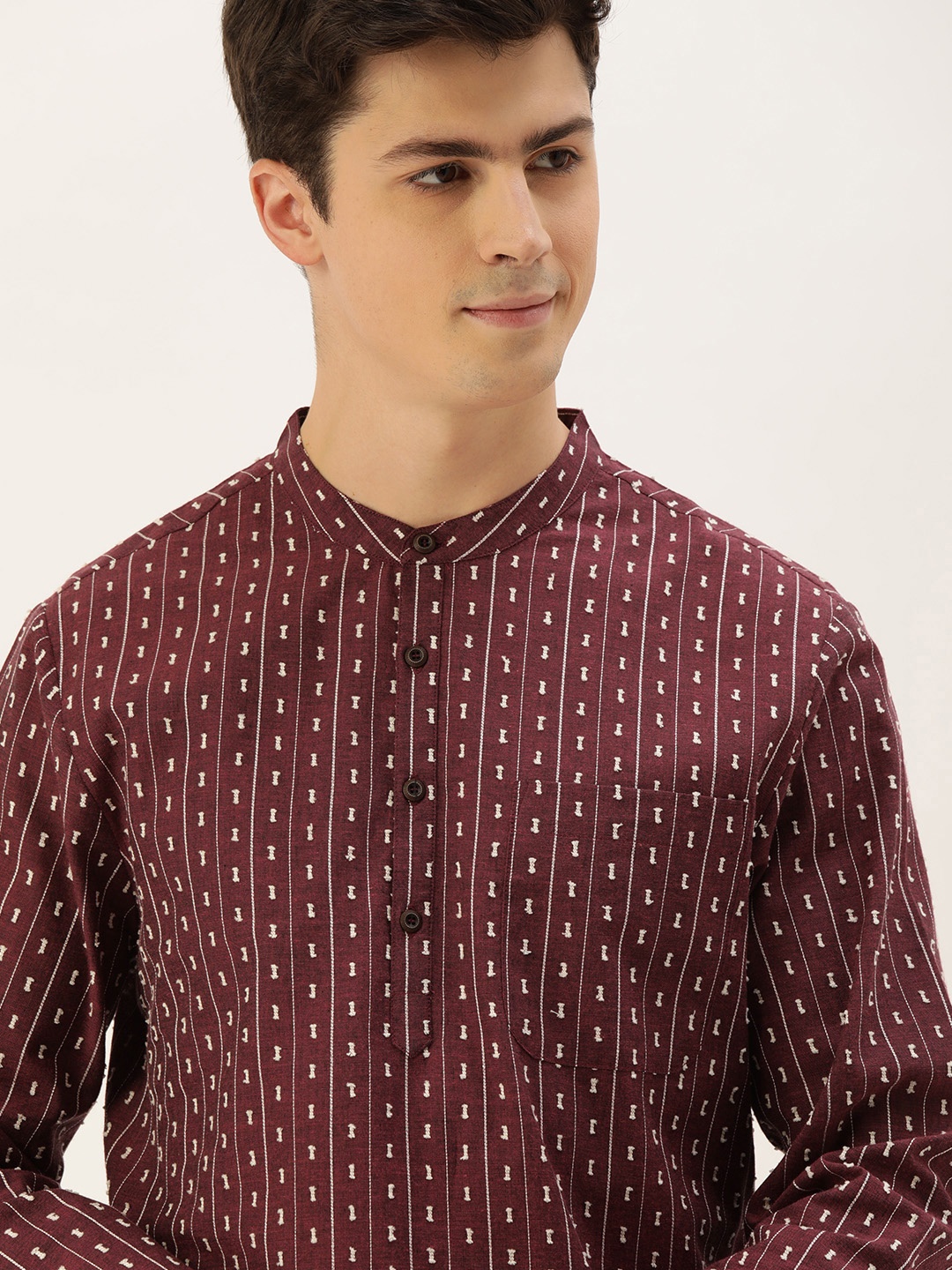 

House of Pataudi Men Burgundy & White Woven Design Straight Kurta