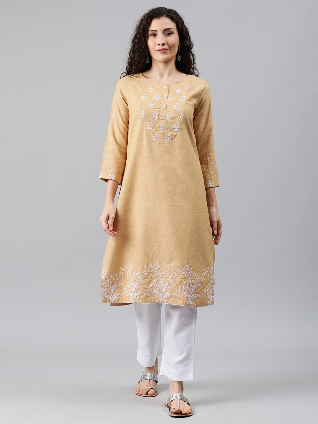 

MIMOSA Women Khaki Brown & White Embroidered Kurta with Trousers