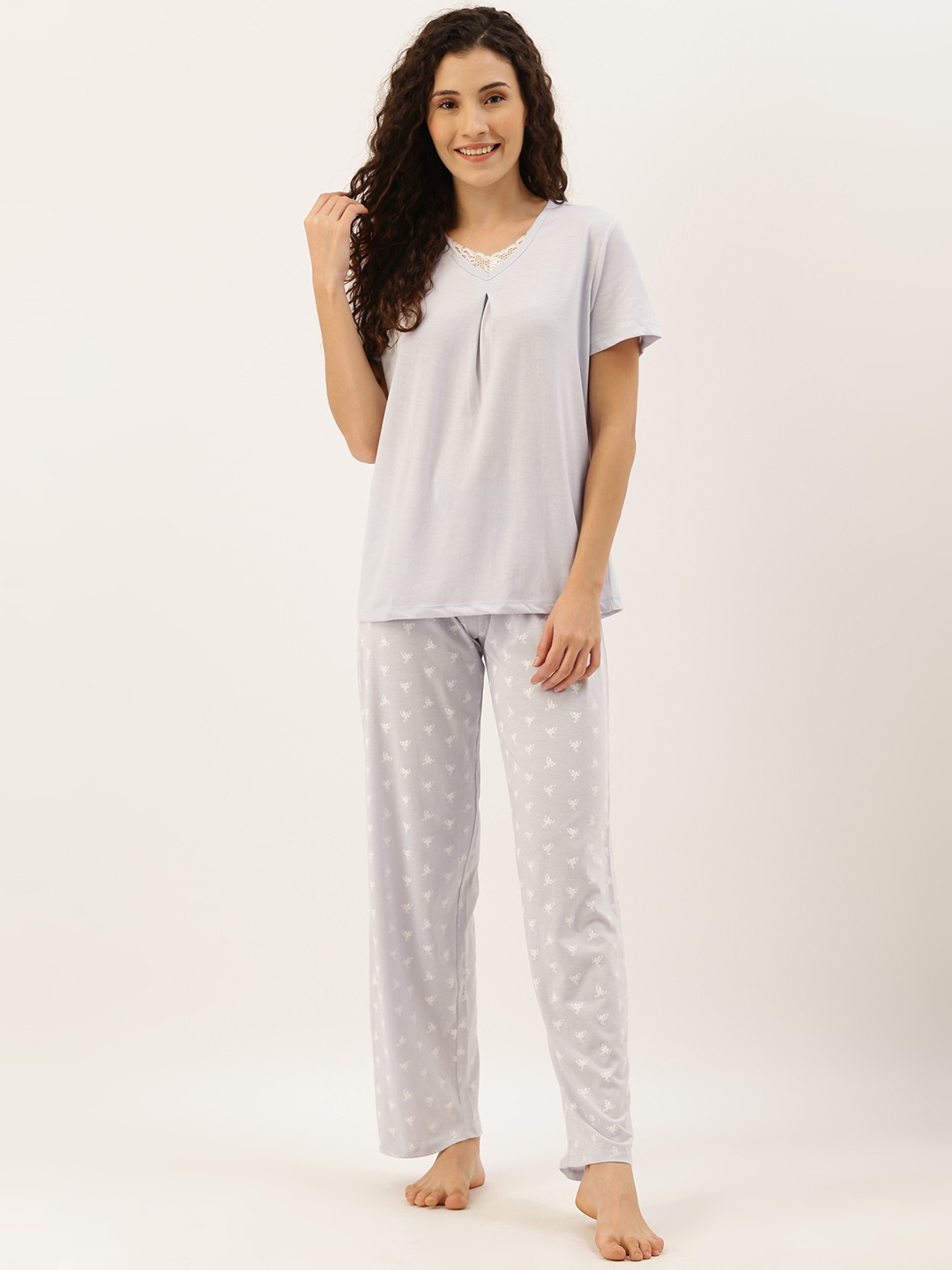 

Slumber Jill Women Blue Solid Night suit With Lace Inserts