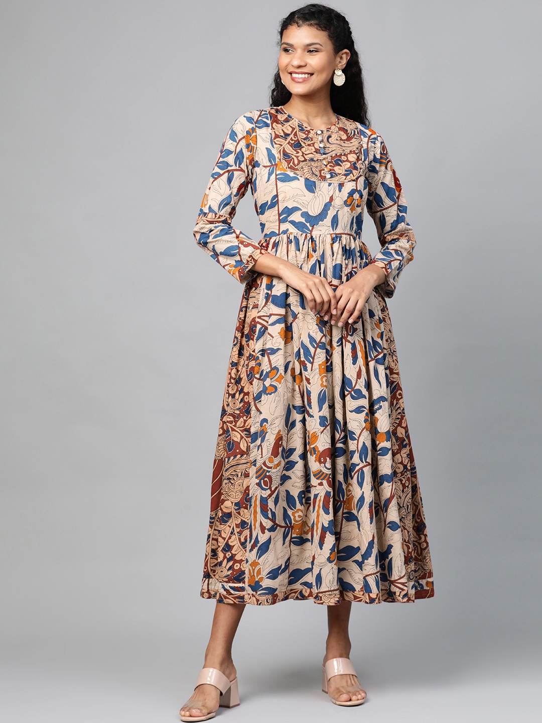 

TJORI Women Beige & Blue Handloom Kalmkari Printed A-Line Dress