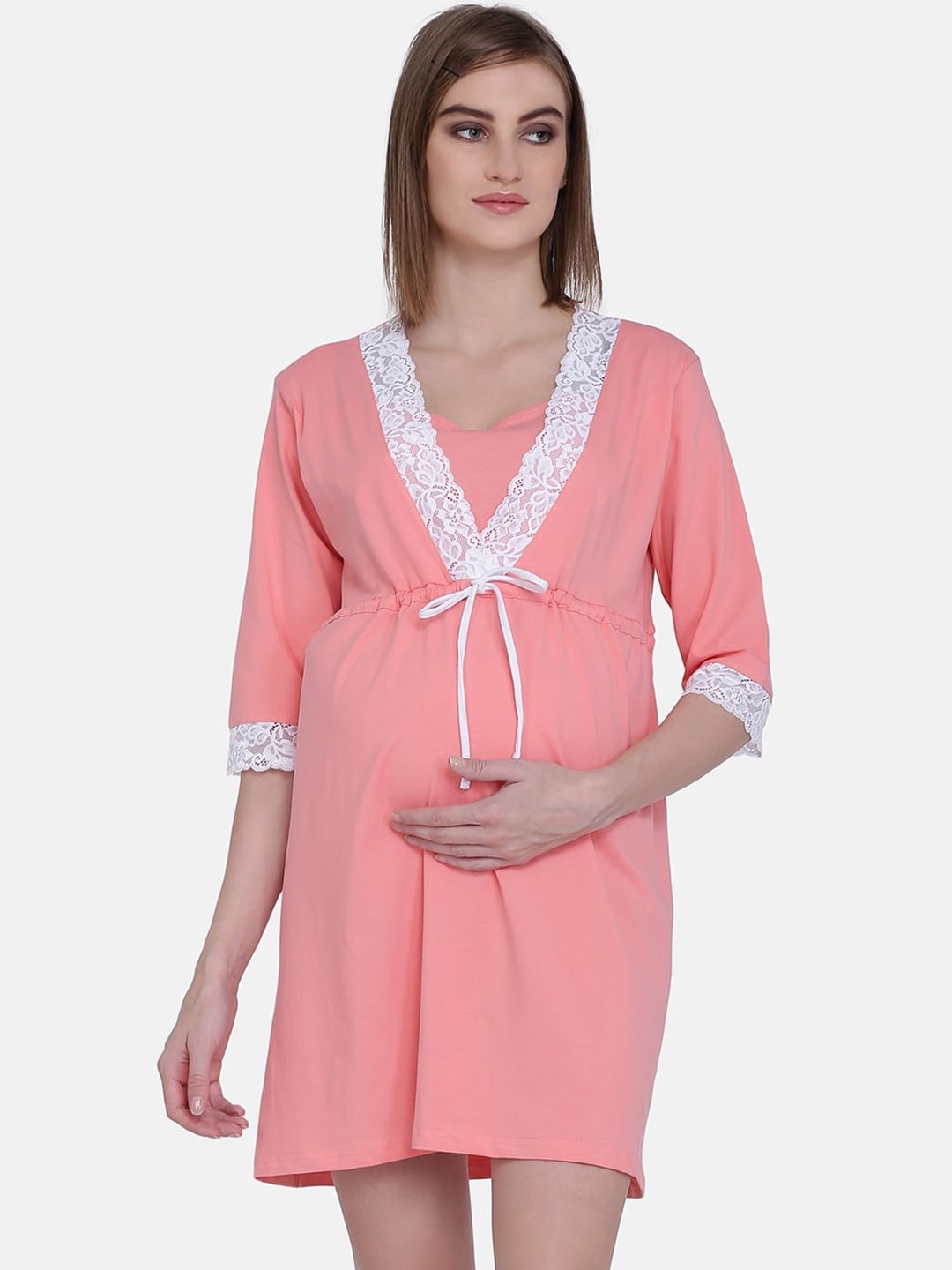 

MAMMA PRESTO Peach-Coloured Solid Maternity Nightdress