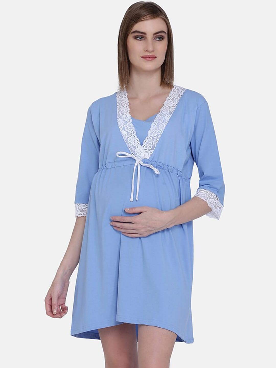 

Mamma Presto Women Blue Solid Lace Detailed Maternity Nightdress