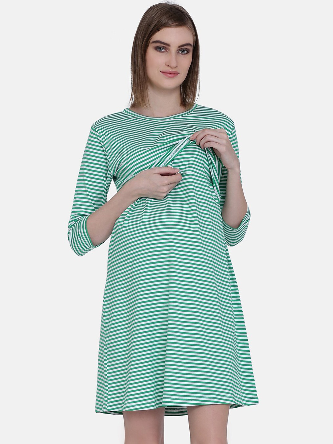 

MAMMA PRESTO Green & White Striped Maternity Nightdress