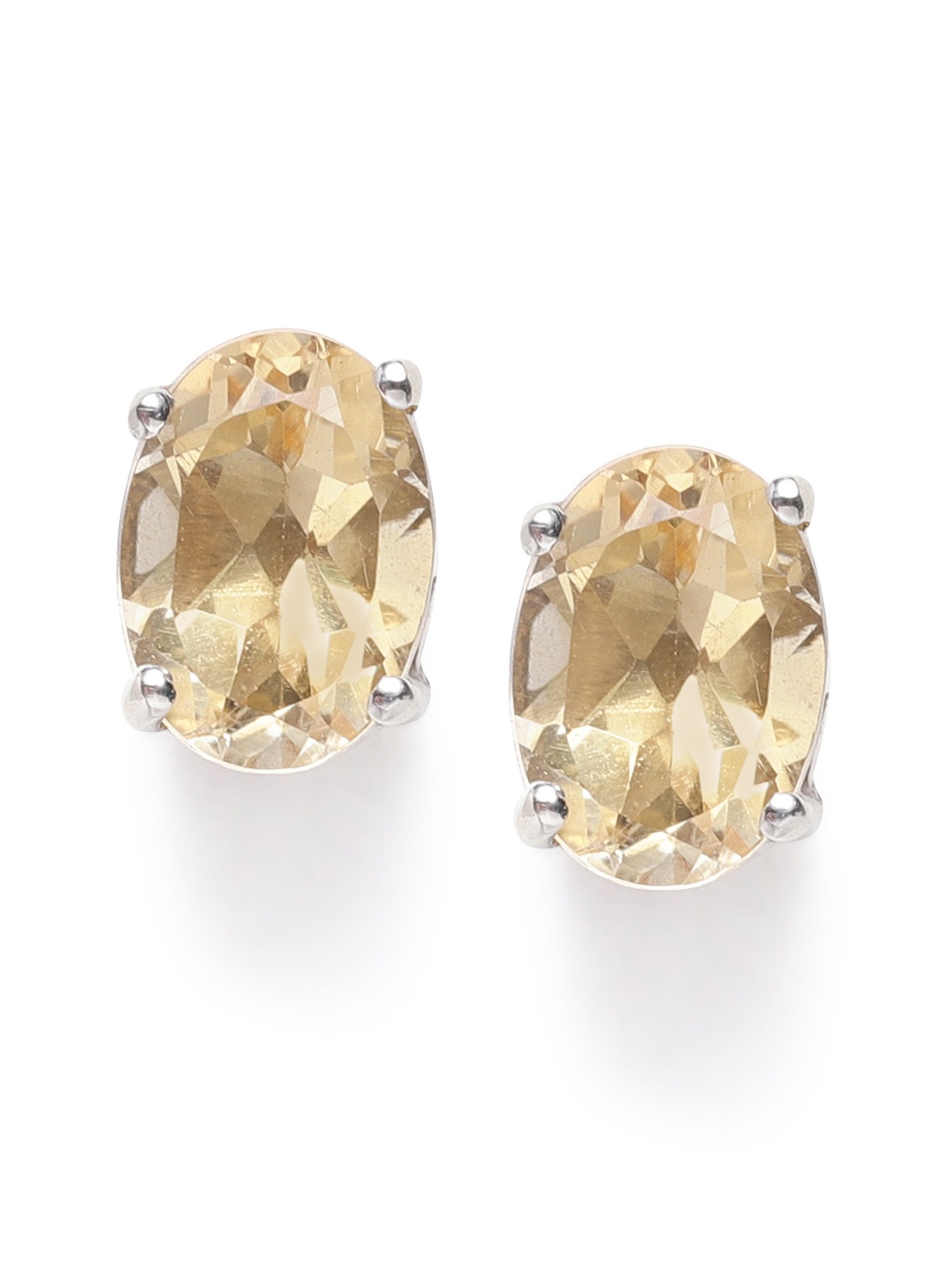 

Silgo Beige 925 Sterling Silver Rhodium Plated Yellow Citrine Studded Oval Studs
