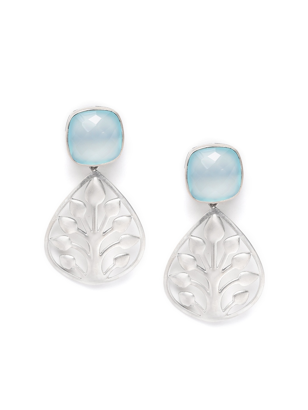 

Silgo Blue Silver-Plated 925 Sterling Silver Chalcedony Studded Teardrop Shaped Earrings