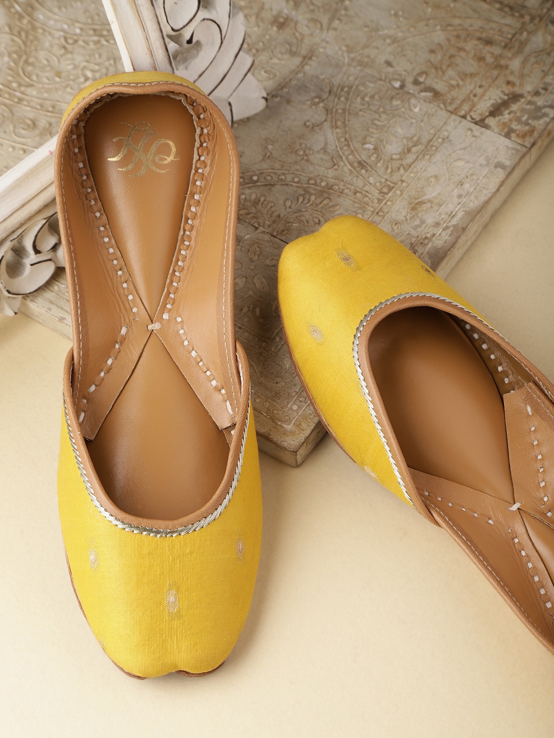 

House of Pataudi Women Yellow Woven Design Handcrafted Mojaris