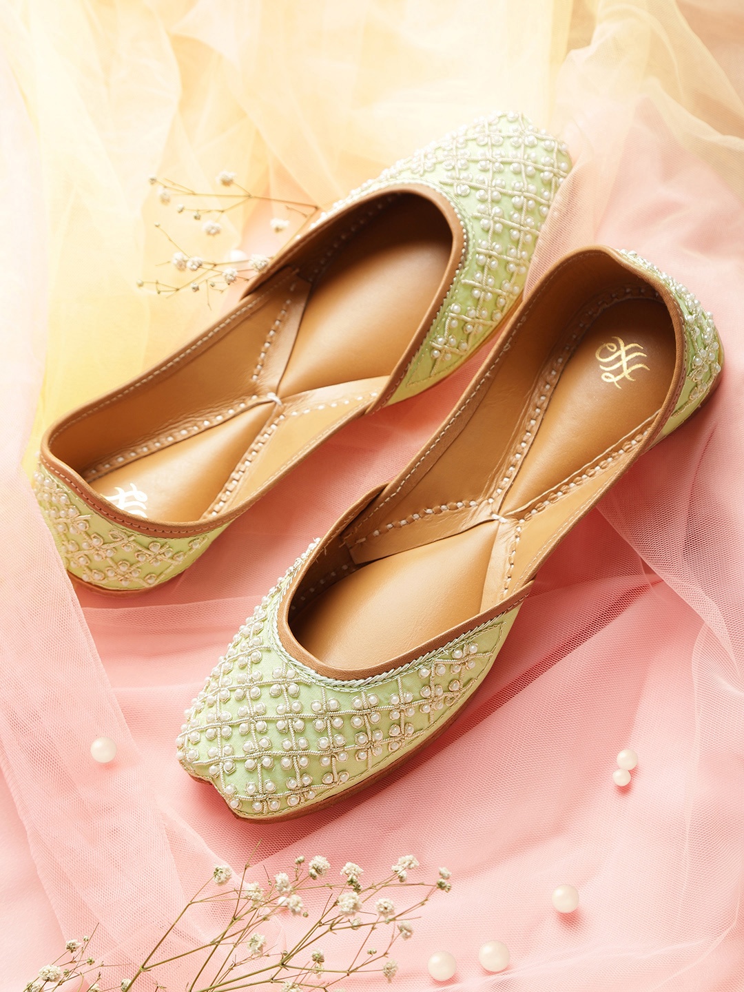 

House of Pataudi Women Mint Green Embellished Handcrafted Mojaris