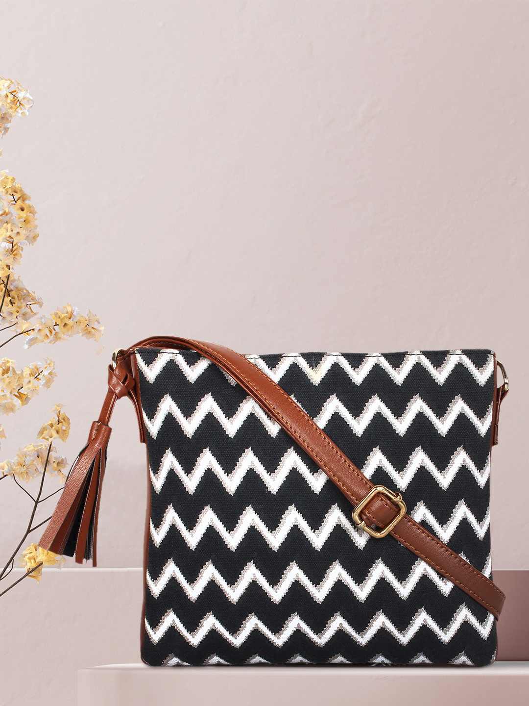 

Lychee bags Black & White Striped Sling Bag