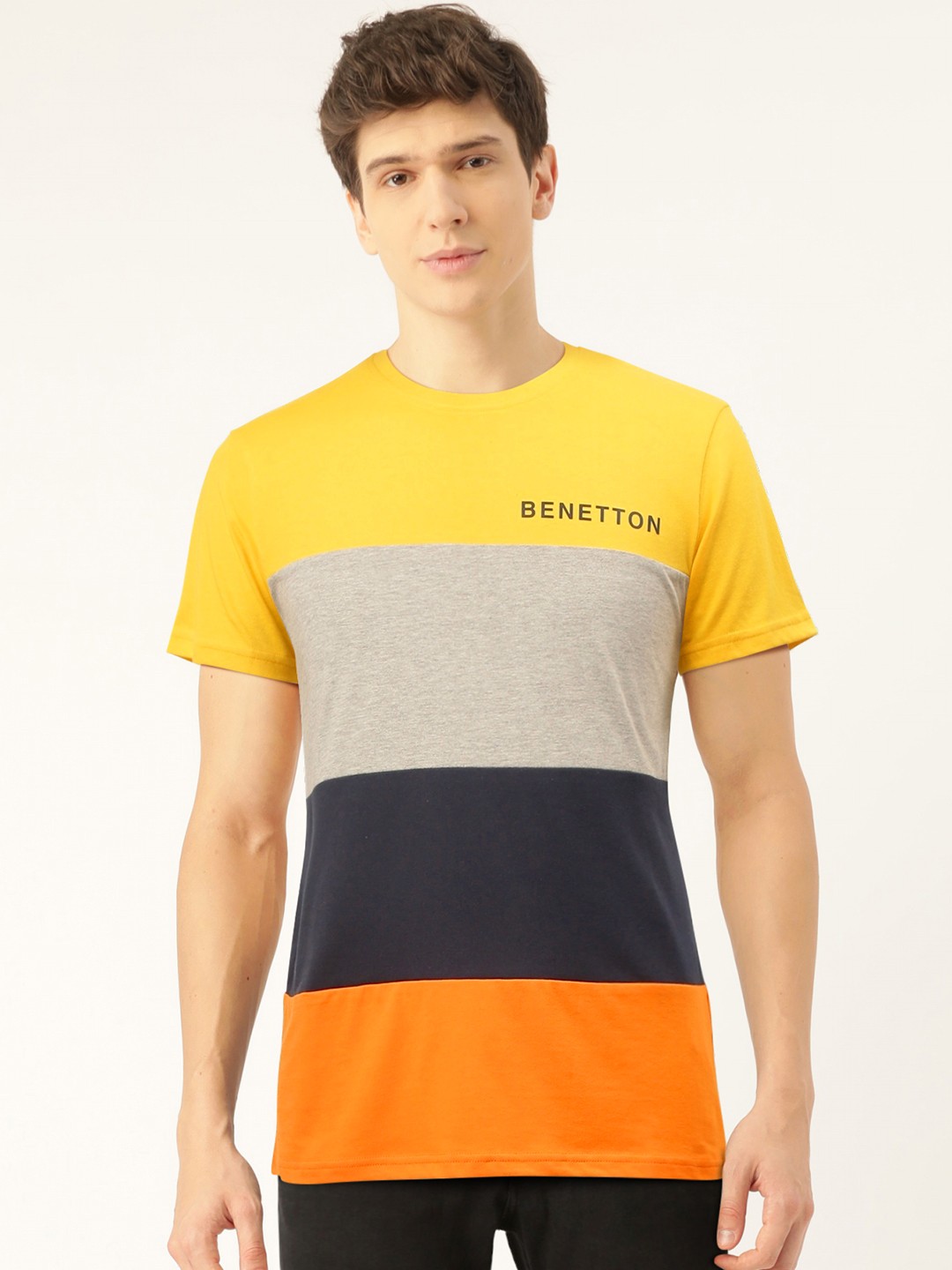 

United Colors of Benetton Men Yellow & Grey Melange Colourblocked Round Neck T-shirt