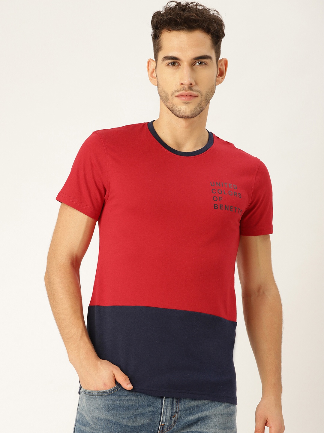 

United Colors of Benetton Men Red & Navy Blue Colourblocked Round Neck T-shirt