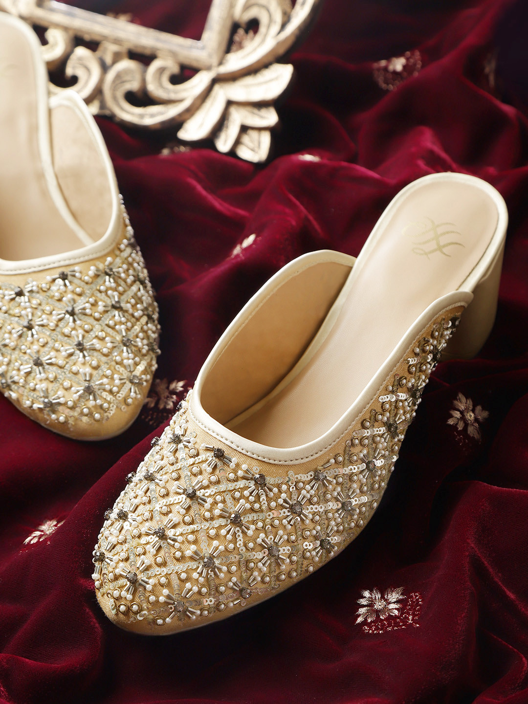 

House of Pataudi Women Beige & Silver-Toned Embellished Handcrafted Heeled Mules