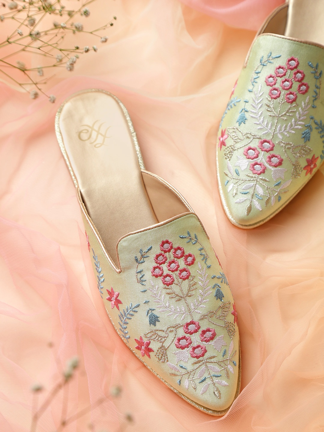 

House of Pataudi Women Green & Pink Floral Embroidered Handcrafted Mules