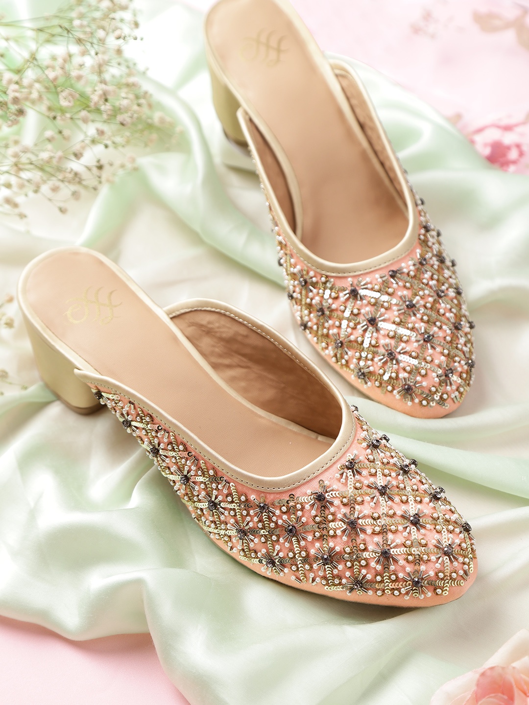 

House of Pataudi Women Peach-Coloured & Gold-Toned Embellished Handcrafted Heeled Mules