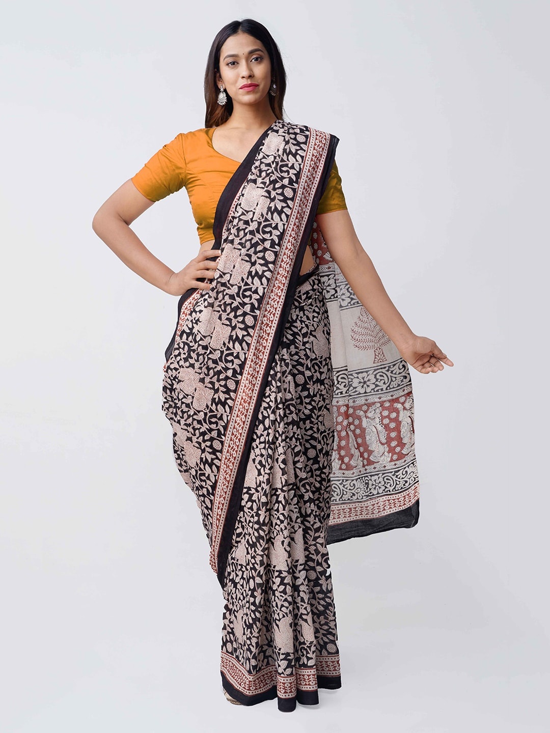 

Unnati Silks Black & Beige Pure Cotton Printed Bagru Rajasthani Saree