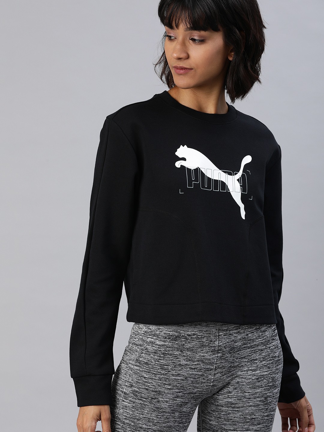 

Puma Women Black Relaxed Fit Printed Nu-tility Crew Sweatshirt