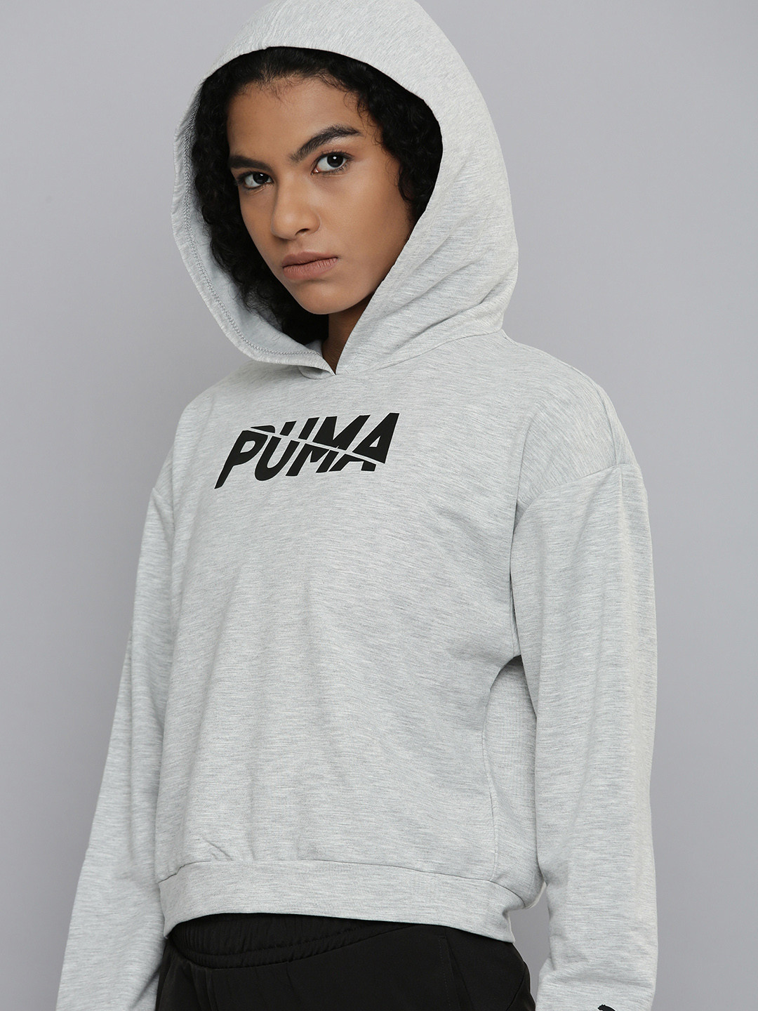 

Puma Women Grey Melange Printed SportsHooded Sweatshirt