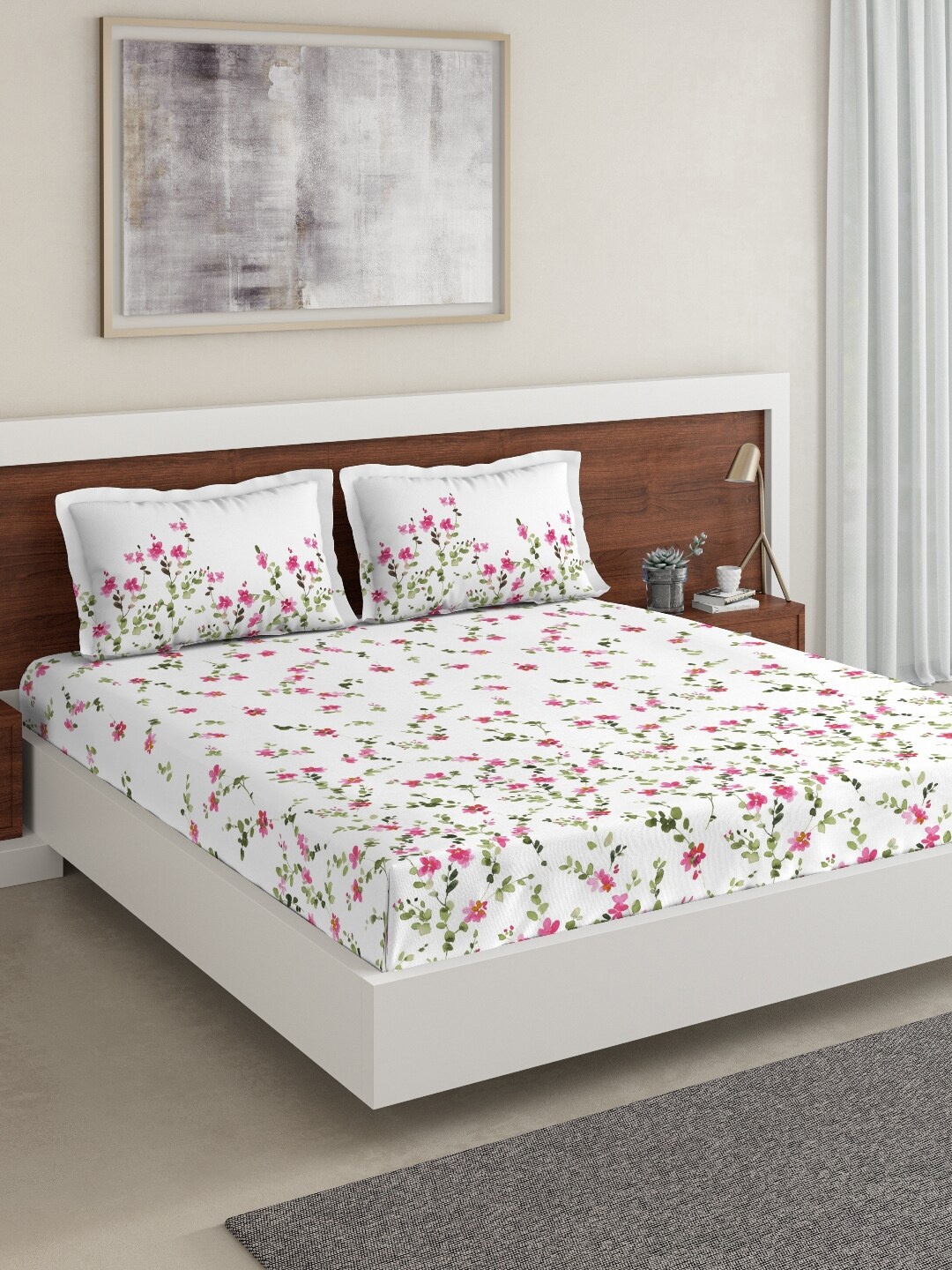 

DDecor White & Pink Floral 140 TC Cotton 1 Queen Bedsheet with 2 Pillow Covers