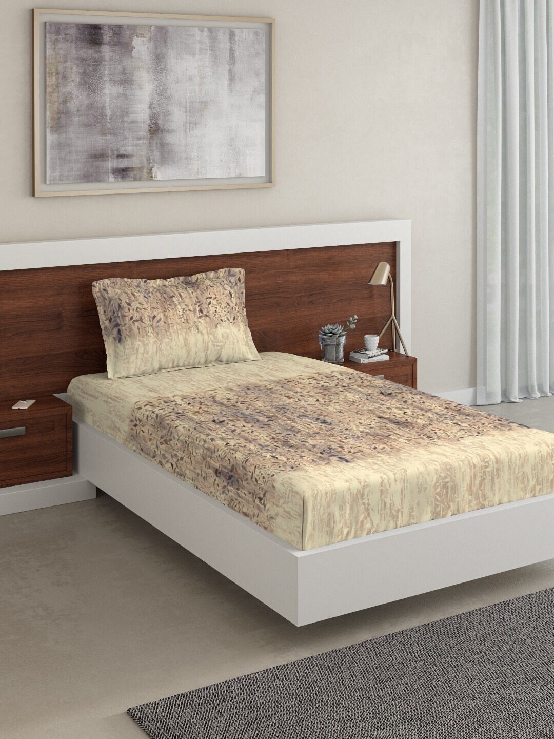 

DDecor Beige Floral 140 TC Cotton 1 Single Bedsheet with 1 Pillow Covers