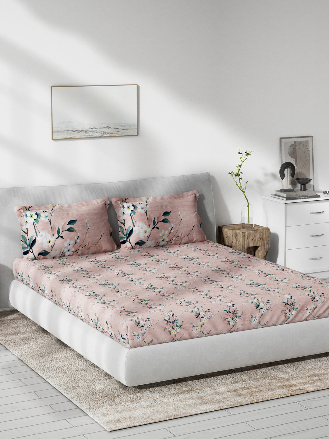 

DDecor Pink Floral 140 TC Cotton 1 Queen Bedsheet with 2 Pillow Covers