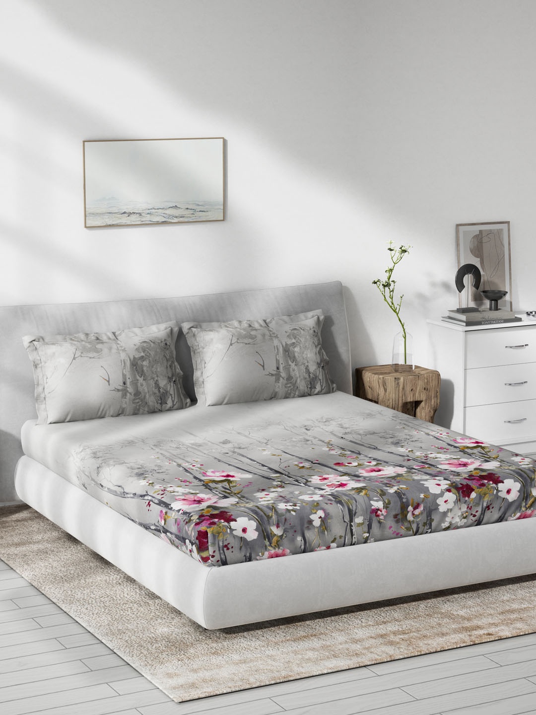 

DDecor Grey & Pink Floral 140 TC Cotton 1 Queen Bedsheet with 2 Pillow Covers
