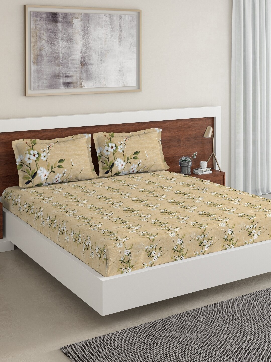 

DDecor Yellow & White Floral 140 TC Cotton 1 Queen Bedsheet with 2 Pillow Covers