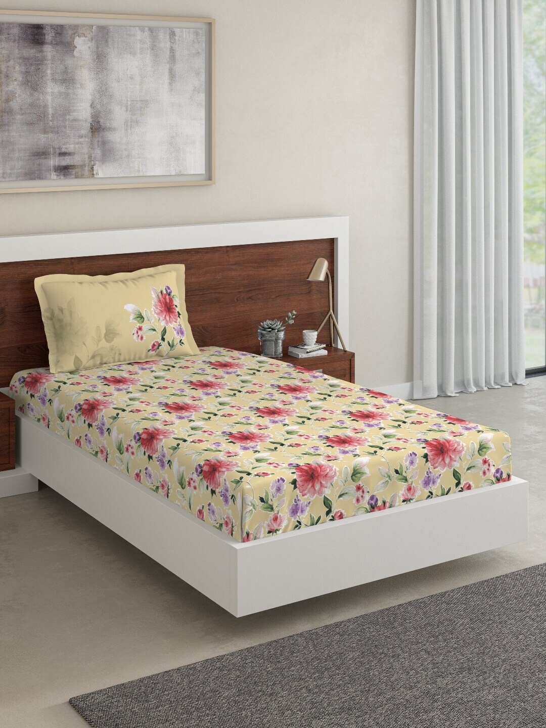 

DDecor Yellow Floral 140 TC Cotton 1 Single Bedsheet with 1 Pillow Covers
