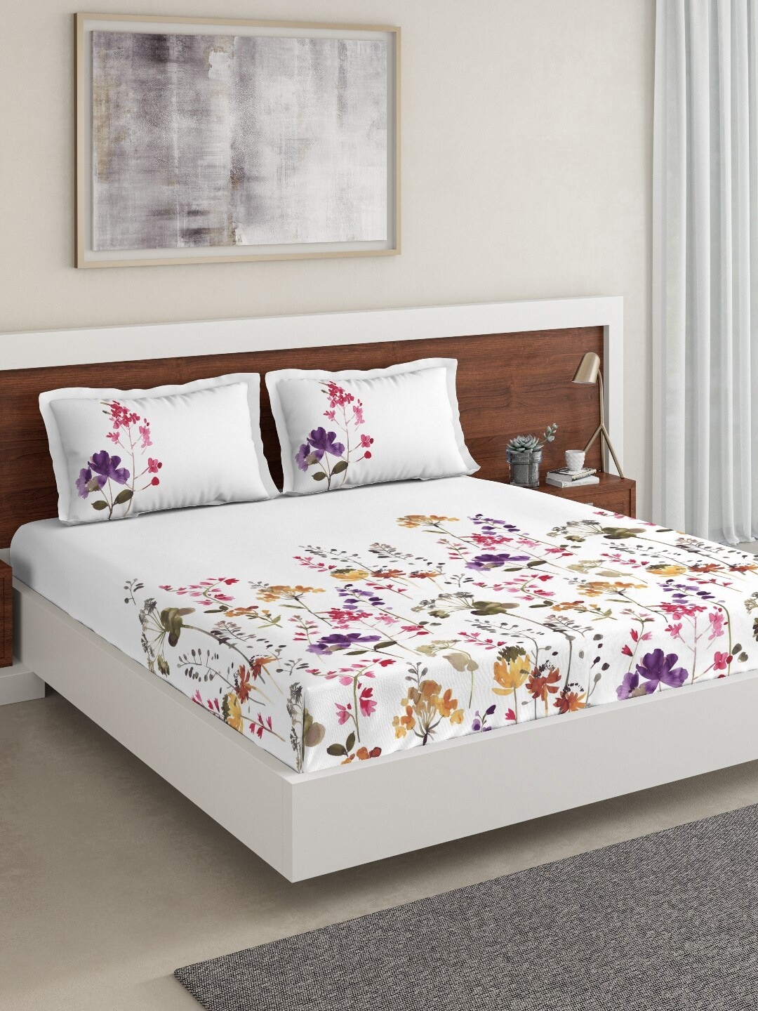 

DDecor White & Pink Floral 140 TC Cotton 1 King Bedsheet with 2 Pillow Covers
