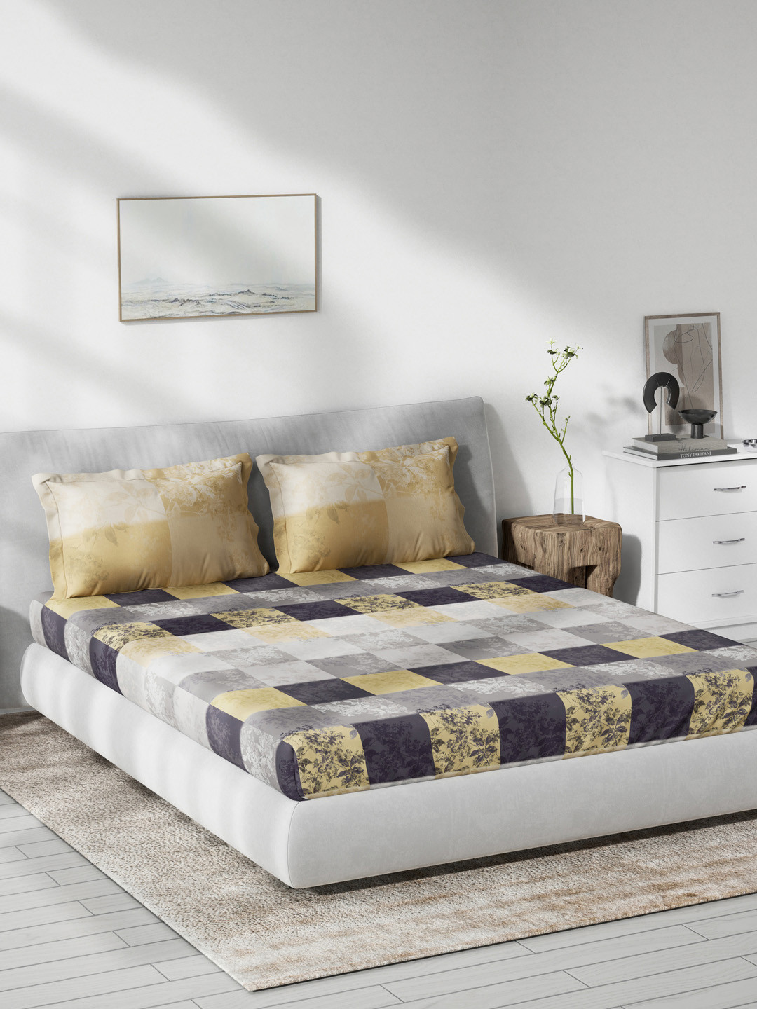 

DDecor Grey & Beige Geometric 140 TC Cotton 1 Queen Bedsheet with 2 Pillow Covers