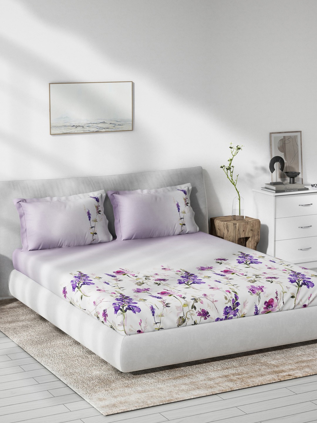 

DDecor Purple & White Floral 140 TC Cotton 1 Queen Bedsheet with 2 Pillow Covers