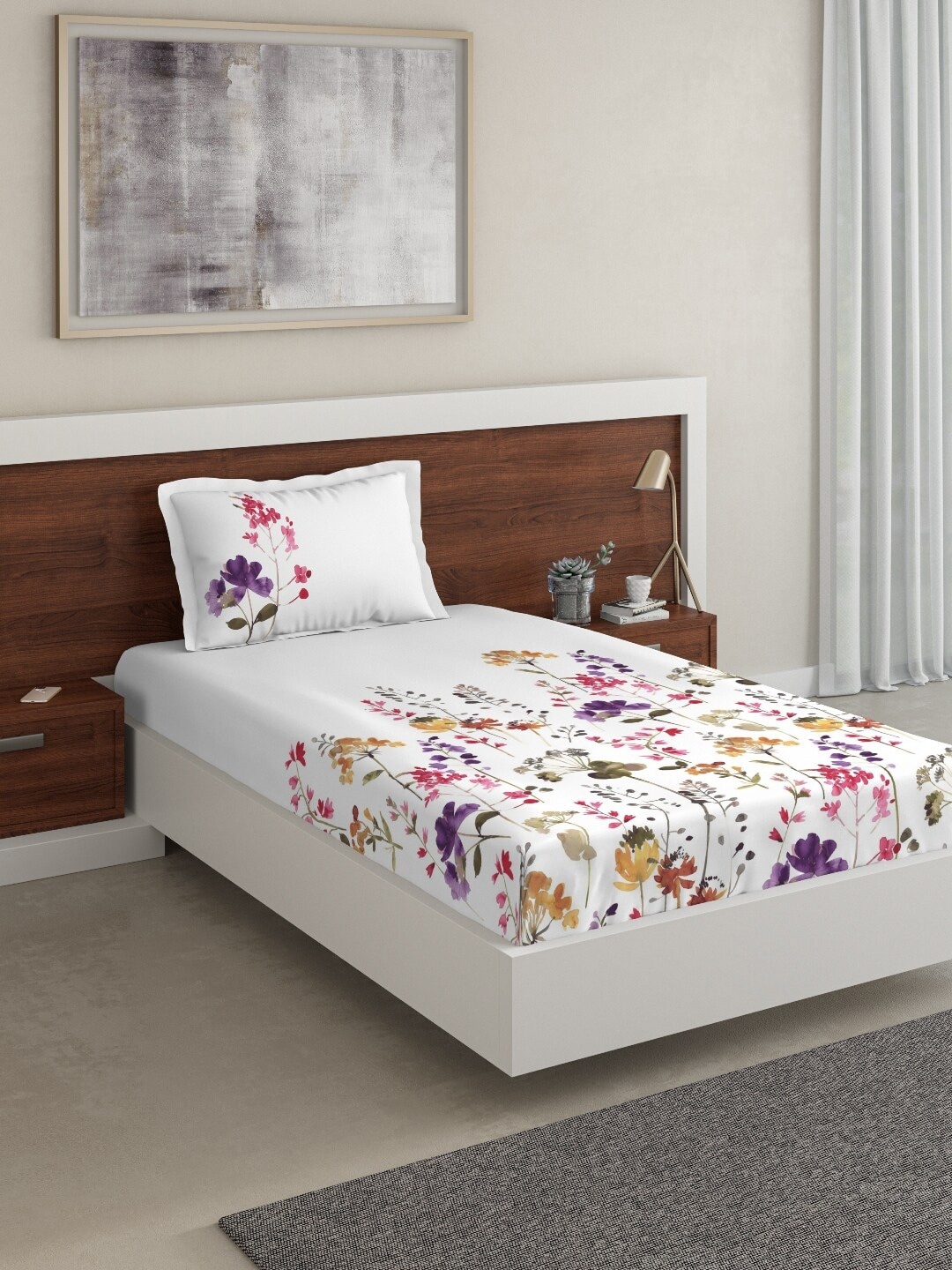 

DDecor White & Pink Floral 140 TC Cotton 1 Single Bedsheet with 1 Pillow Cover
