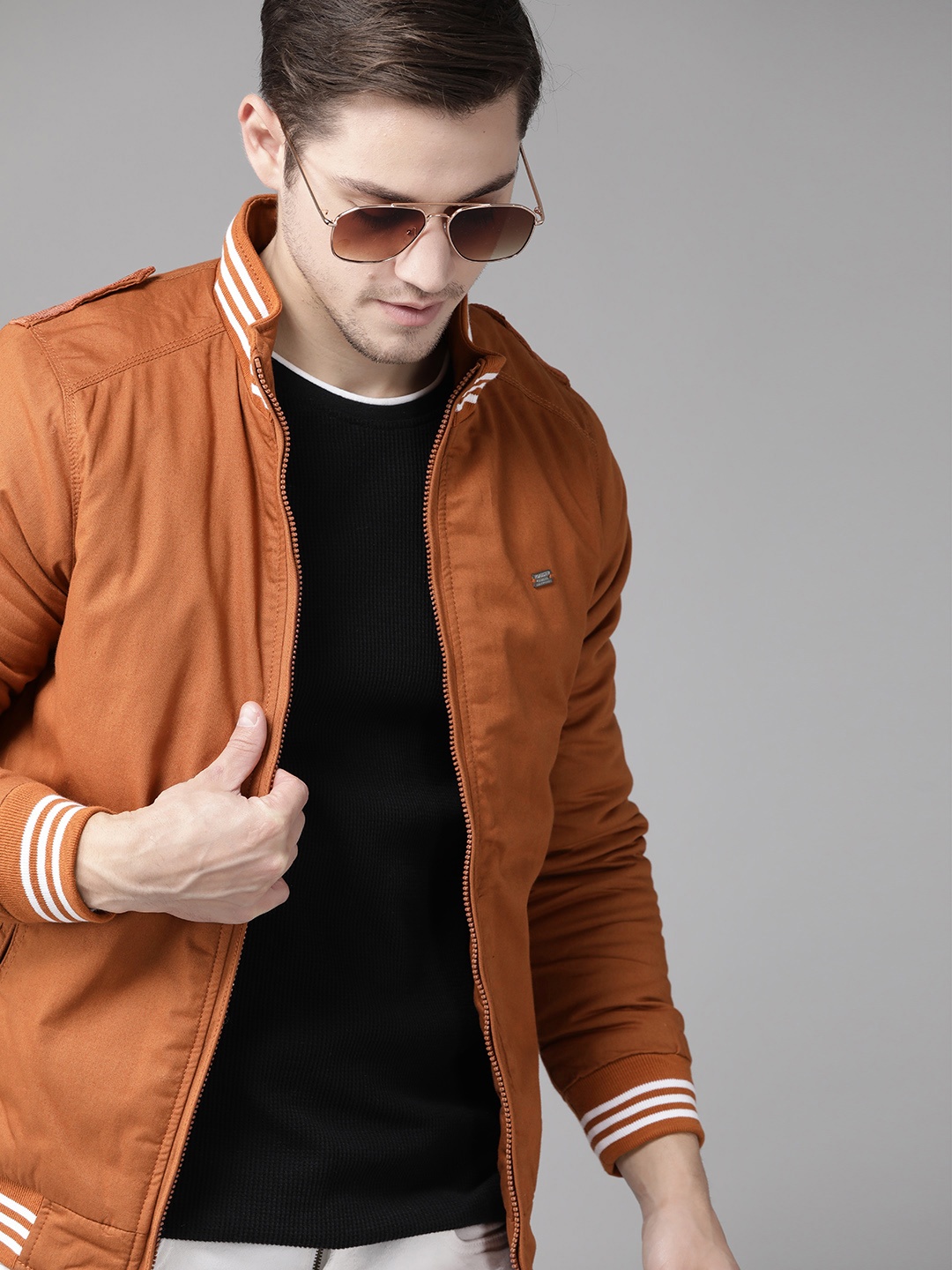 

Roadster Men Rust Orange Solid Pure Cotton Varsity Jacket