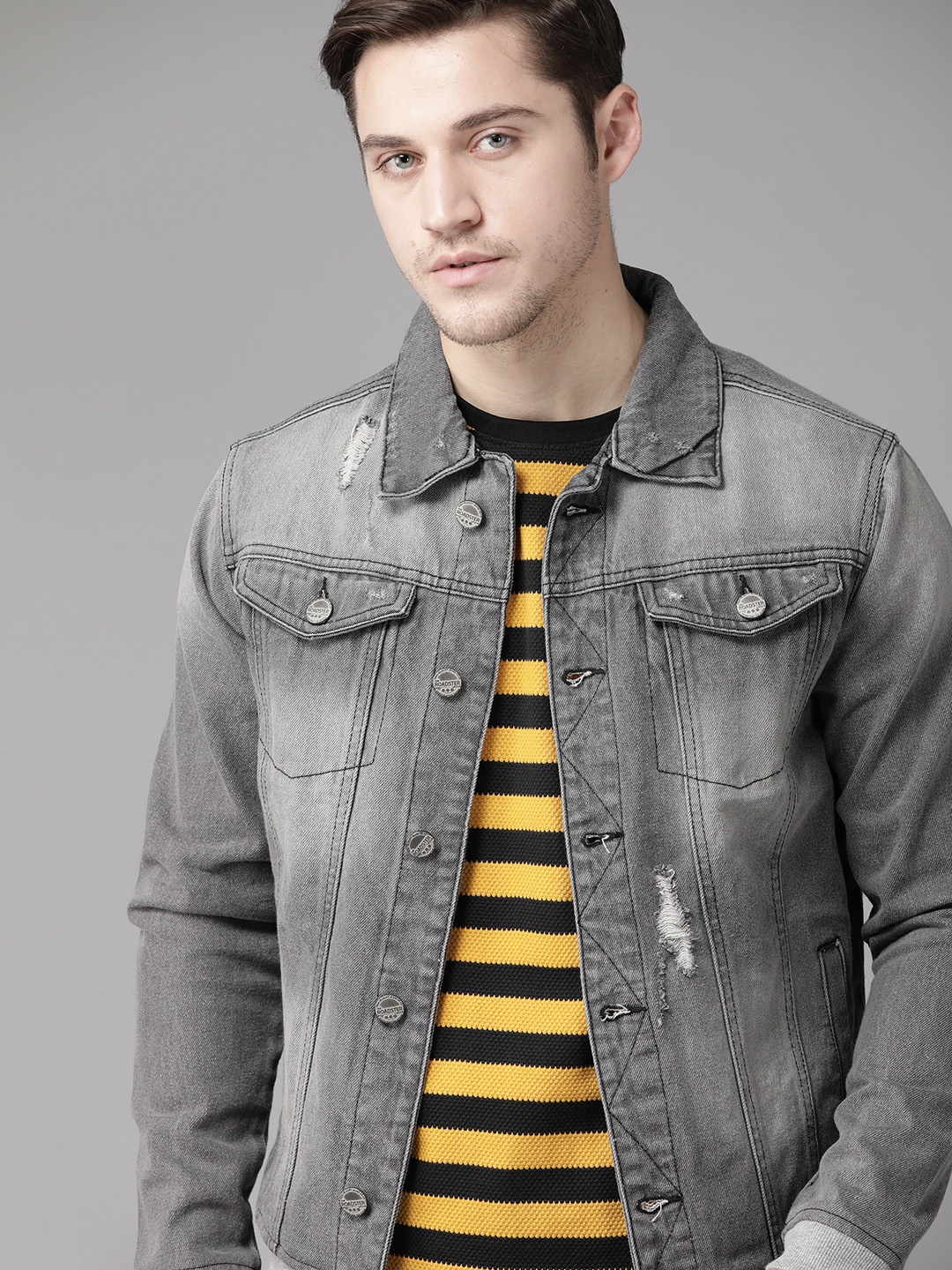

Roadster Men Grey Pure Cotton Faded Denim Jacket