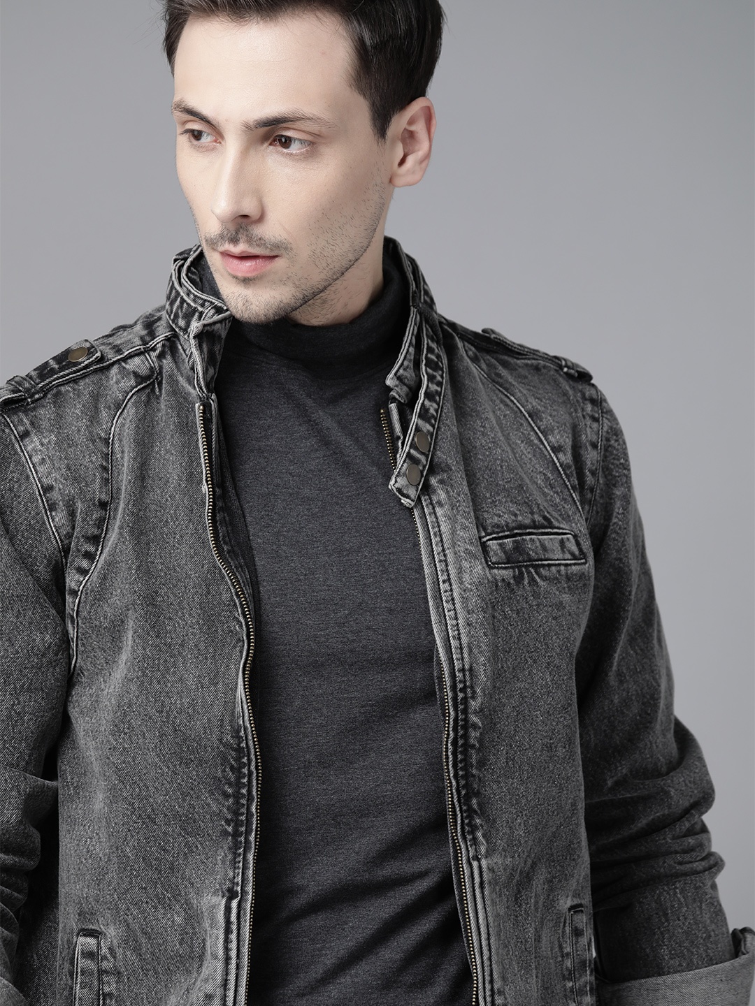 

Roadster Men Charcoal Grey Solid Pure Cotton Washed Denim Jacket