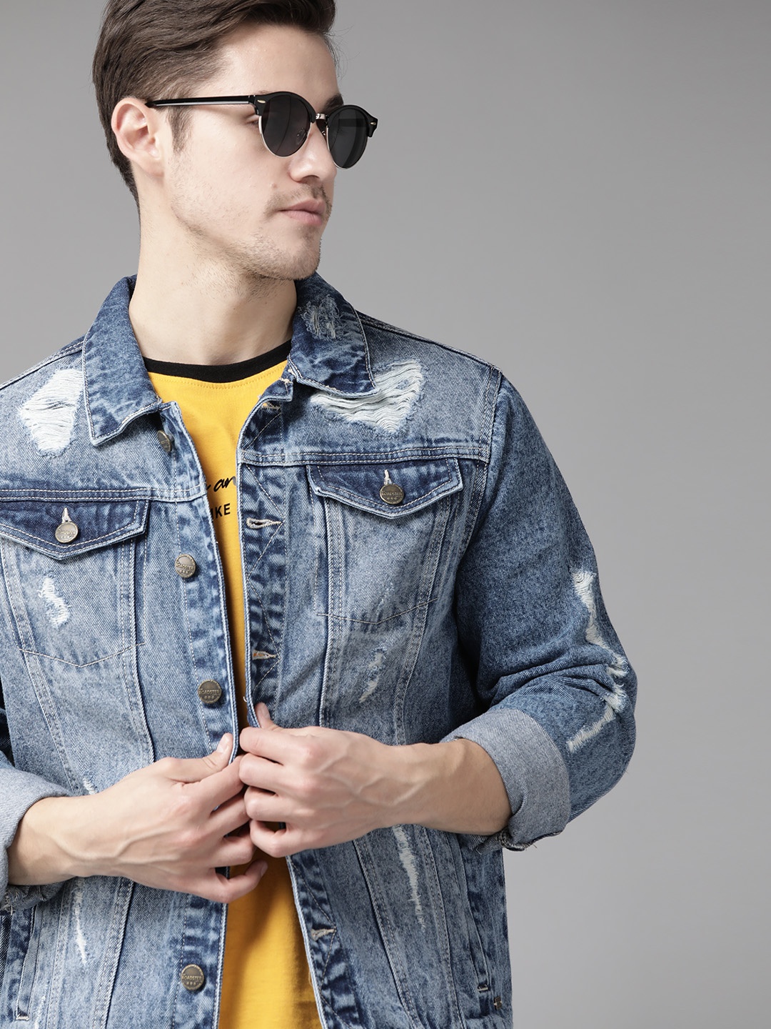 

Roadster Men Blue Washed Pure Cotton Distressed Denim Jacket