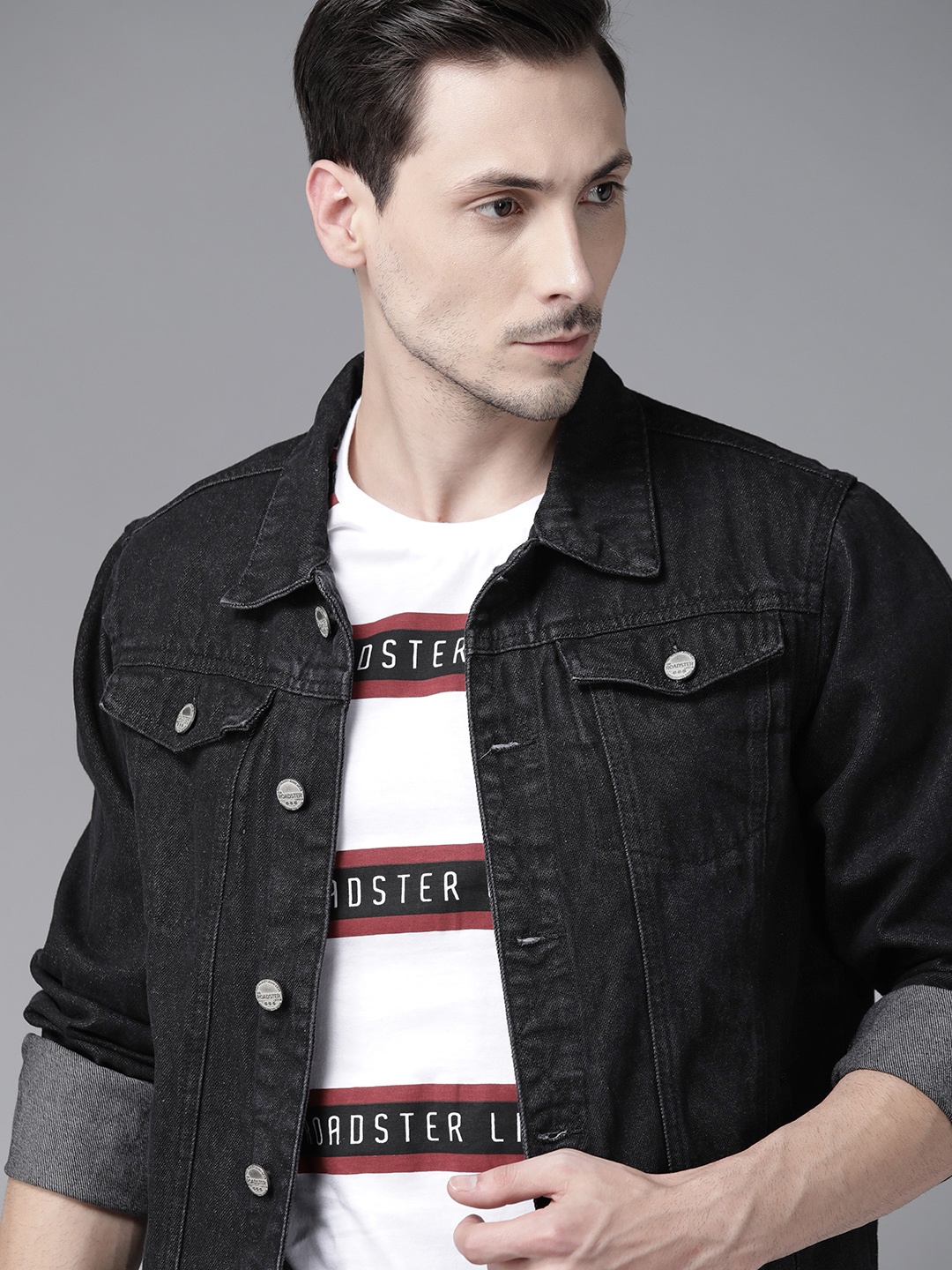 

Roadster Men Black Washed Denim Jacket