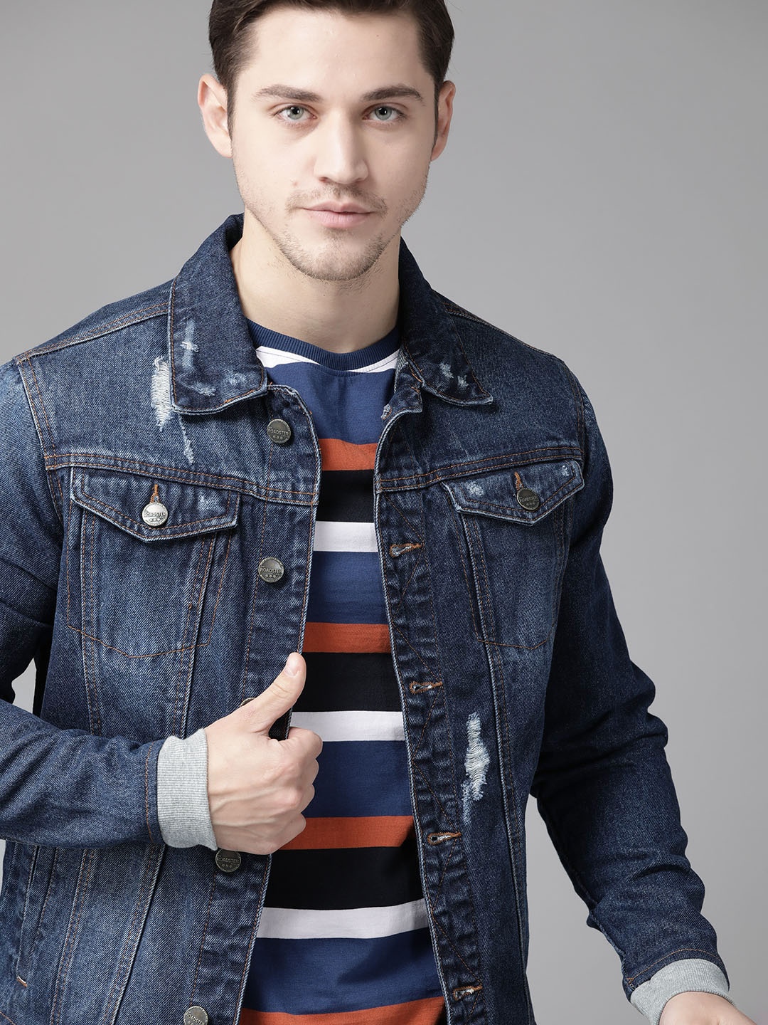 

Roadster Men Navy Blue Pure Cotton Faded Denim Jacket