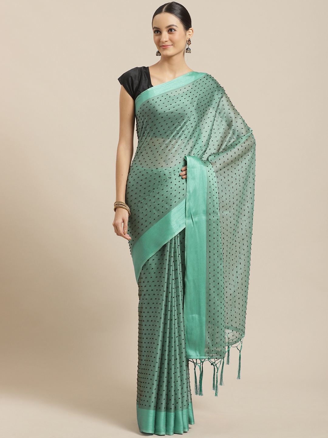 

Saree mall Sea Green & Black Dobby Weave Saree