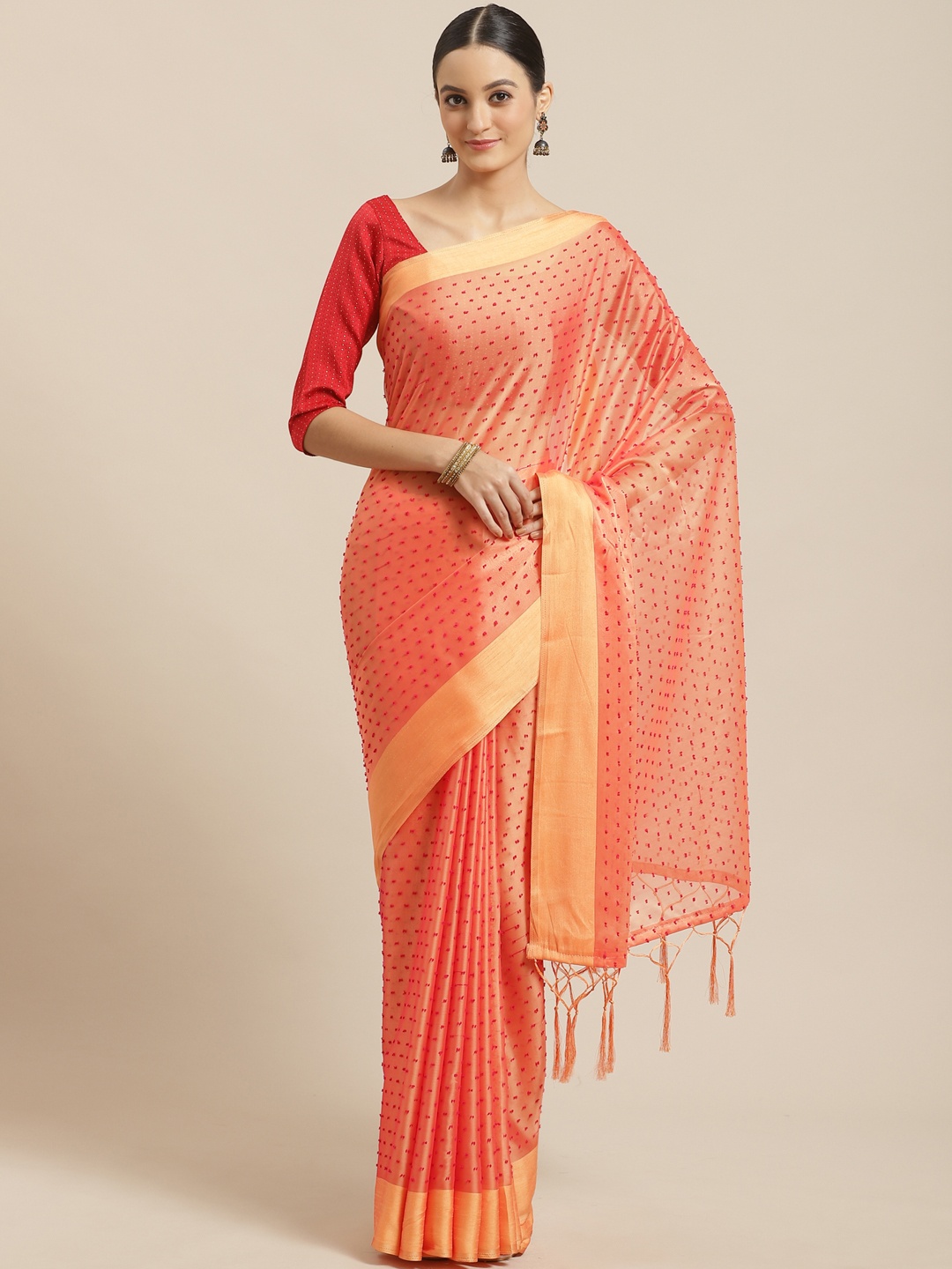 

Saree mall Navy Coral Orange & Pink Dobby Weave Saree