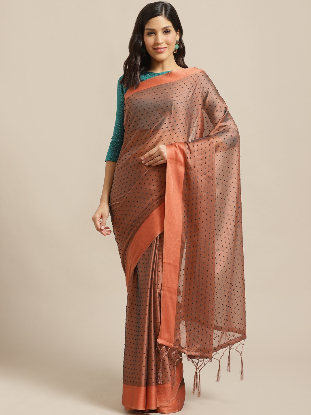 

Saree mall Peach-Coloured & Teal Blue Dobby Weave Saree