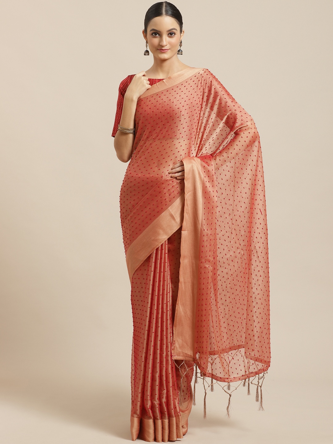 

Saree mall Peach-Coloured & Red Dobby Weave Saree