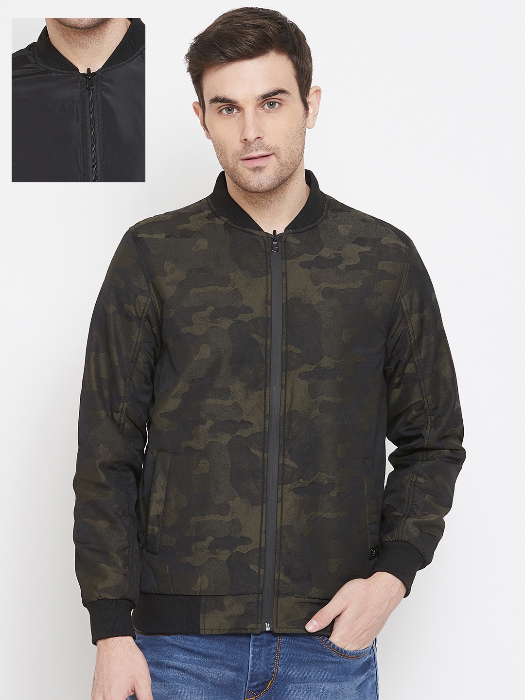 

Crimsoune Club Men Olive Green Printed Reversible Bomber