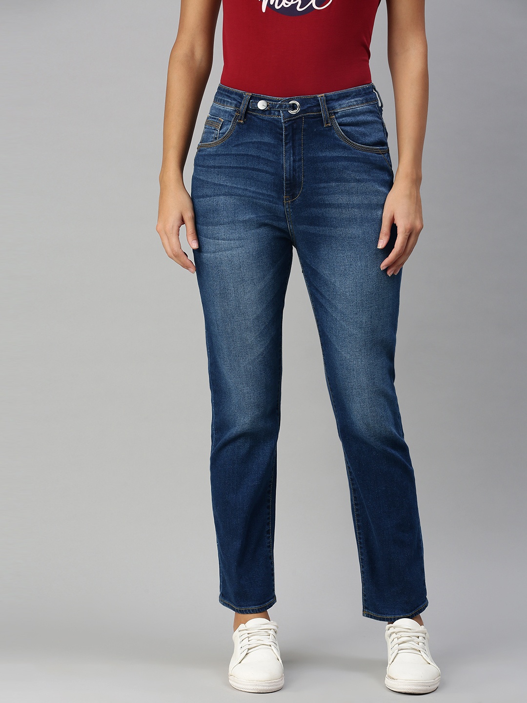 

Mast & Harbour Women Blue Straight Fit High-Rise Light Fade Stretchable Jeans