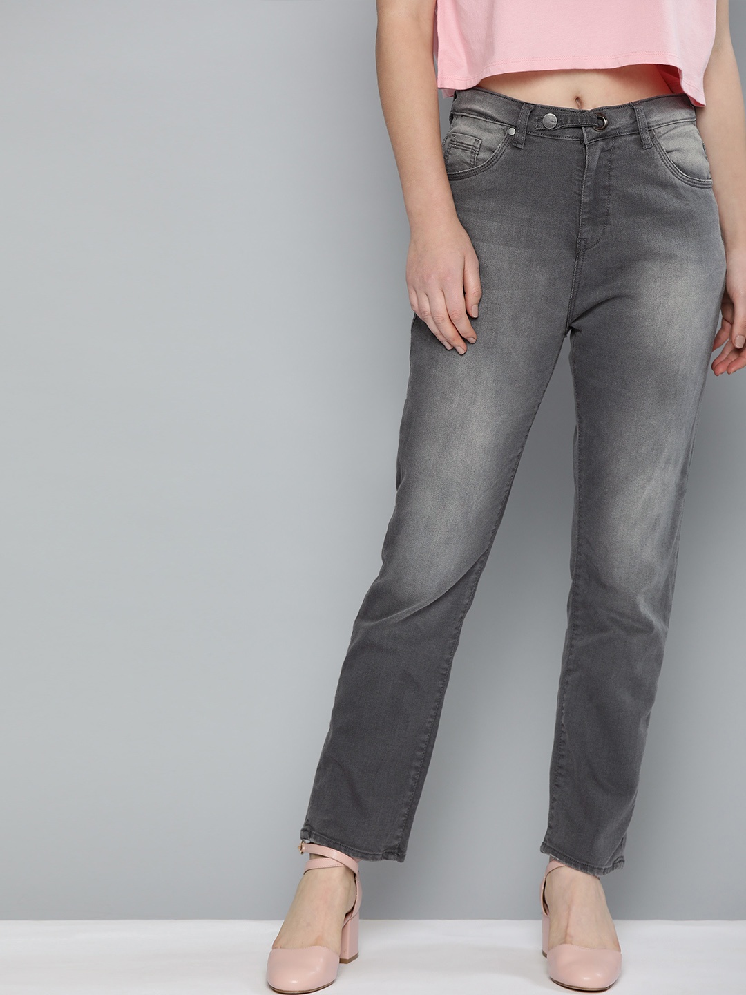 

Mast & Harbour Women Grey Straight Fit Mid-Rise Clean Look Stretchable Jeans