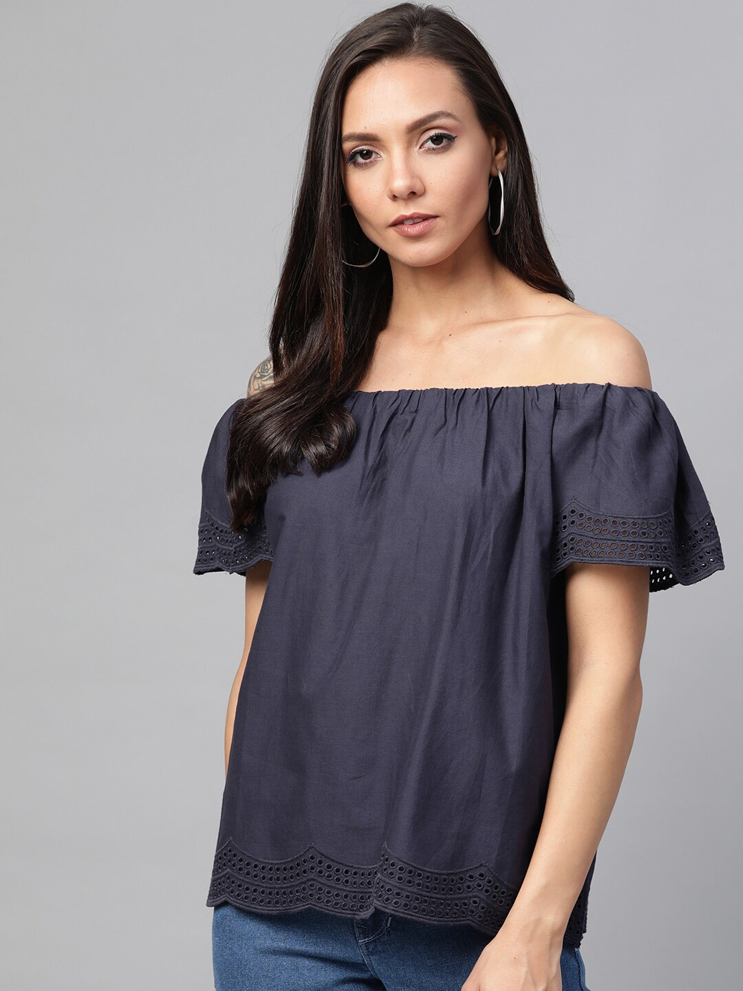

DOROTHY PERKINS Women Navy Blue Solid Bardot Pure Cotton Top